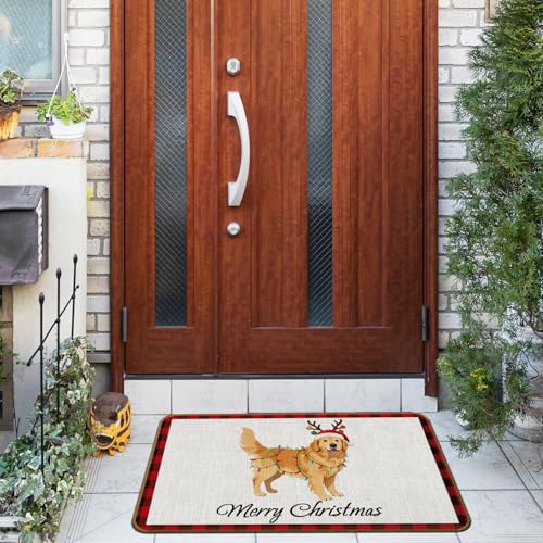 Golden Retriever Christmas Door Mat - Non-Slip Welcome Mat for Front Door - 17x30 Inch - Red and Black Plaid - Variation: Golden Retriever-1
