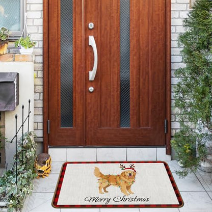 Golden Retriever Christmas Door Mat - Non-Slip Welcome Mat for Front Door - 17x30 Inch - Red and Black Plaid - Variation: Golden Retriever-1
