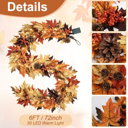 6FT Fall Garland with 30 Warm Lights, Timer, Gradient Maple Leaves - Vintage Autumn