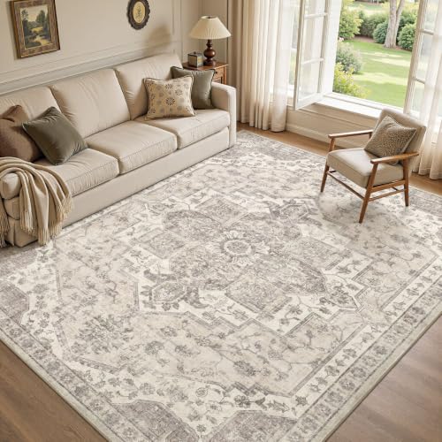 9x12 Beige Vintage Washable Area Rug for Living Room Non Slip Carpet