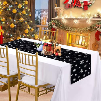 Fur Christmas Table Runner with Silver Sequin Snowflakes - Black, 13 x 108 Inches - Holiday Home Decor