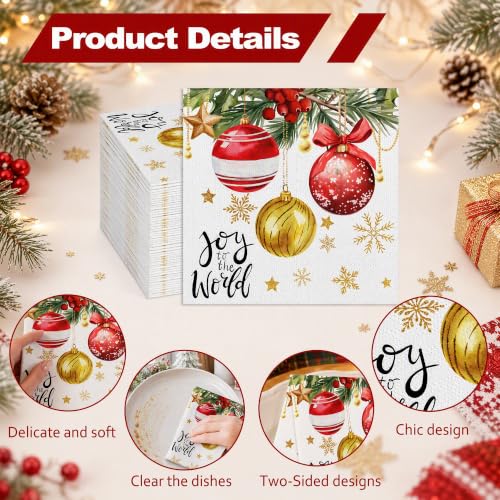 Christmas Joy Disposable Paper Napkins 100 Pack - Red Gold Ornament Pine Snowflake