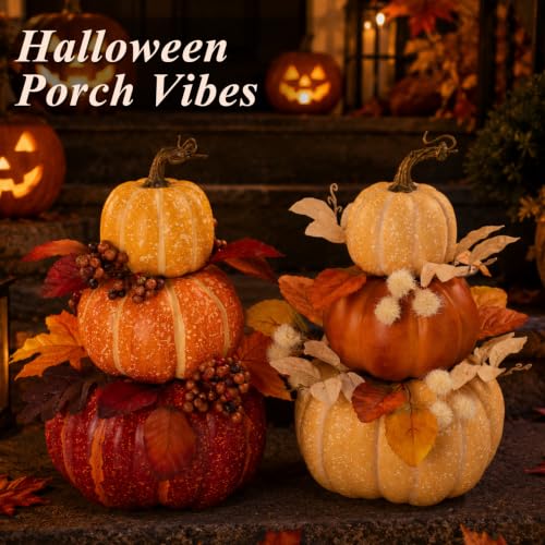 2Pcs Large Stacked Pumpkin Decor Set - Light Yellow & Orange Autumn Topiaries with Maple Leaves for Fall Harvest Halloween Thanksgiving