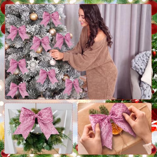 Pink Glitter Mesh Christmas Tree Bows - 12 Pack 6 Inch Holiday Decor