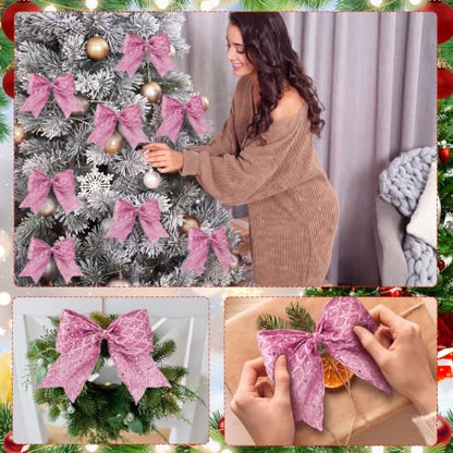 Pink Glitter Mesh Christmas Tree Bows - 12 Pack 6 Inch Holiday Decor
