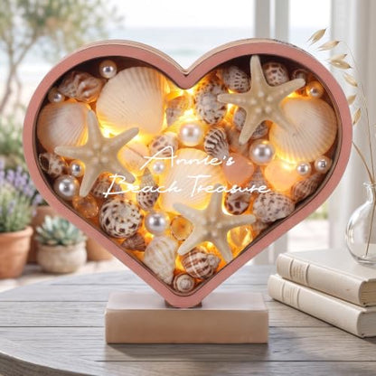 Heart-Shaped Wooden Seashell Display Stand with LED Light and Custom Name - Coastal Shadow Box