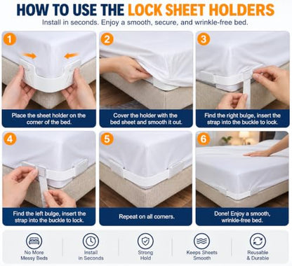 Heavy Duty Bed Sheet Corner Clips - 4-Pack Fitted Sheet Holders with Snap-Lock Grippers