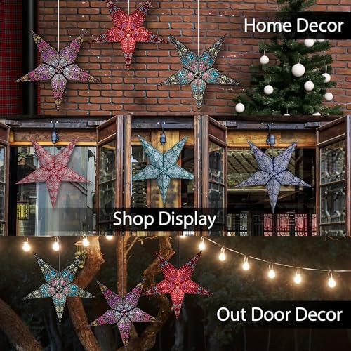 24 Inch Paper Star Lanterns Pack of 3 Christmas Holiday Decor - Blue, Turquoise & Red