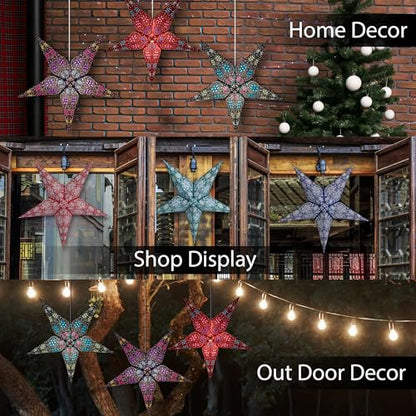 24 Inch Paper Star Lanterns Pack of 3 Christmas Holiday Decor - Blue, Turquoise & Red