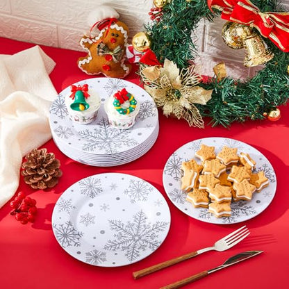 8 Inch Christmas Snowflake Plates Silver White Set of 10 - Winter Holiday Dinnerware
