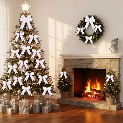 White Christmas Bows Set for Wreaths & Gift Wrapping - 24 Pieces