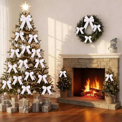 White Christmas Bows Set for Wreaths & Gift Wrapping - 24 Pieces