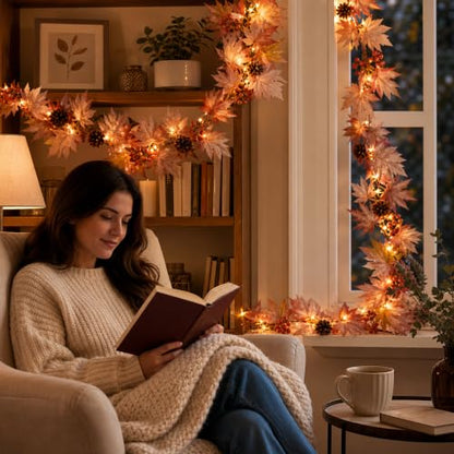 9FT Fall Garland with Lights - Large Maple Leaves Berries Pinecones 1 Pack