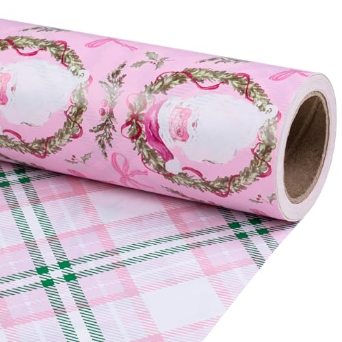 Reversible Pink Christmas Wrapping Paper with Santa & Floral Wreaths - 17 in x 16.4 ft, Festive Holiday Gift Wrap