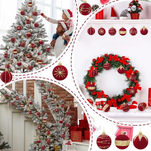 Namalu Red Velvet Glitter Christmas Balls Set - Shatterproof Holiday Ornaments