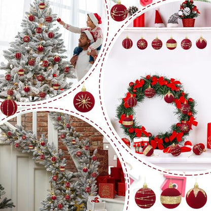 Namalu Red Velvet Glitter Christmas Balls Set - Shatterproof Holiday Ornaments