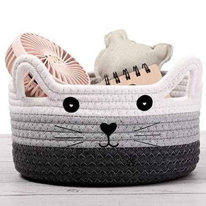 Zopeal Cat Basket Storage Woven Organizer with Ears Christmas Decorative Pet Toy Cute Cotton Rope Basket for Gift Cat Dog Toy Bin Nursery Room(8.3 x 4.7 Inch,White, Light Gray and Gray)