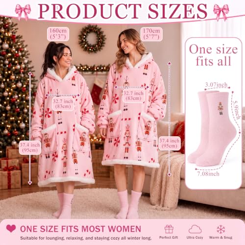Berlune Pink Christmas Wearable Blanket Hoodies with Fuzzy Socks - Nutcracker Variant