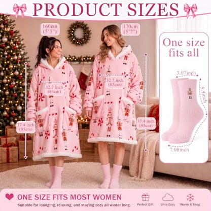 Berlune Pink Christmas Wearable Blanket Hoodies with Fuzzy Socks - Nutcracker Variant
