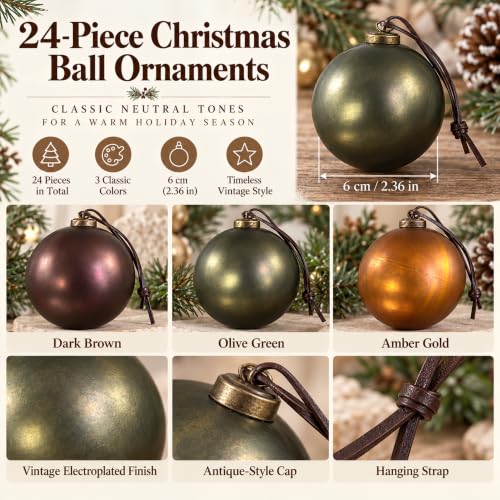 Retro Gold Christmas Ornaments Set - 24 Textured Holiday Tree Decorations
