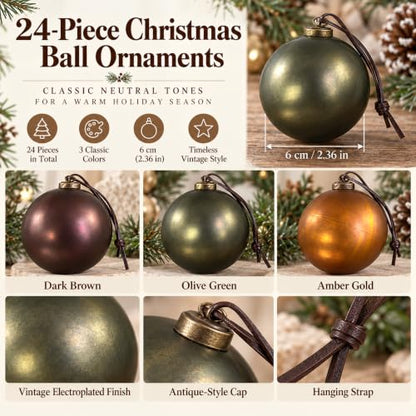 Retro Gold Christmas Ornaments Set - 24 Textured Holiday Tree Decorations