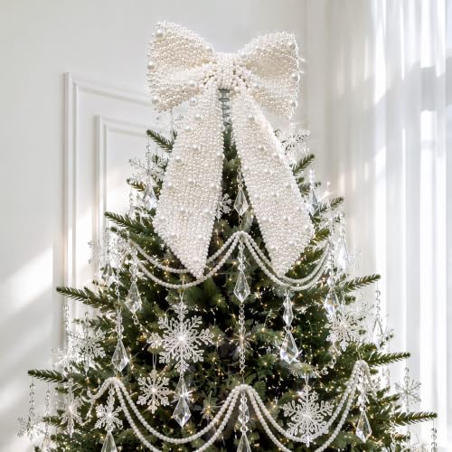 White Pearl Bow Christmas Tree Topper - Elegant Holiday Decor 11x5.7 Inches