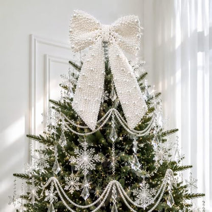 White Pearl Bow Christmas Tree Topper - Elegant Holiday Decor 11x5.7 Inches