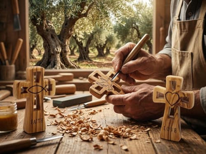 Set of 3 Olive Wood Christian Crosses Faith Hope Love Hand Carved Bethlehem