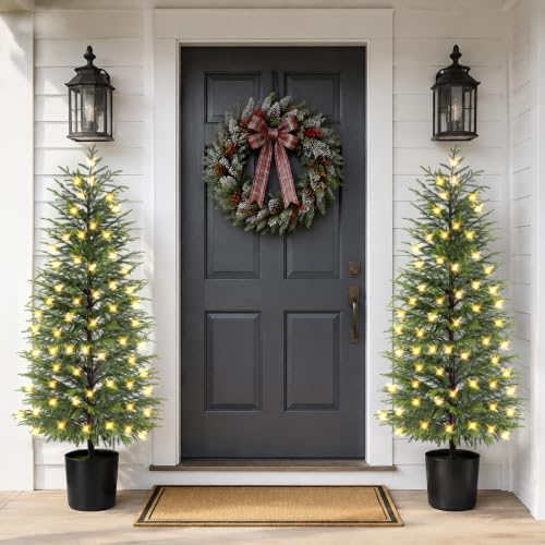 2-Pack 5FT Prelit Norfolk Pine Christmas Trees with LED Lights, Real Touch Foliage, Potted Faux Trees for Indoor Outdoor Decor