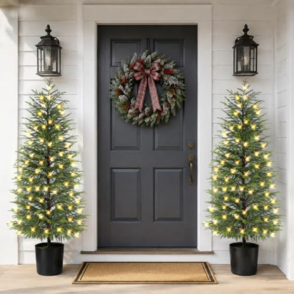 2-Pack 5FT Prelit Norfolk Pine Christmas Trees with LED Lights, Real Touch Foliage, Potted Faux Trees for Indoor Outdoor Decor