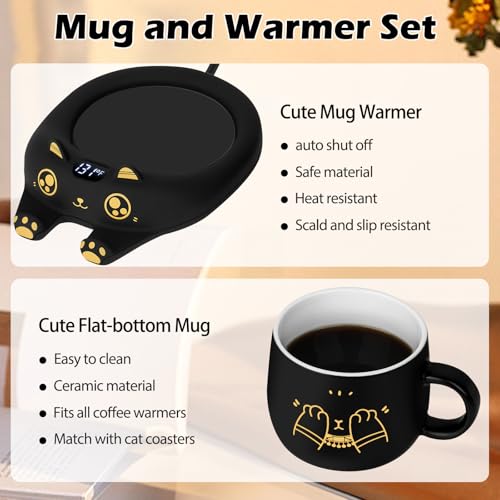 Ador Black Cat Mug & Coffee Warmer Set with Auto Shut Off - Cute Ceramic Mug & 3 Temp Settings