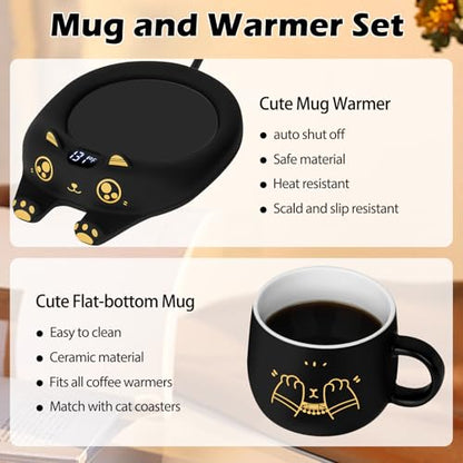 Ador Black Cat Mug & Coffee Warmer Set with Auto Shut Off - Cute Ceramic Mug & 3 Temp Settings