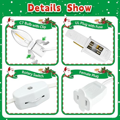 6 LED Bulb Christmas Village Light Cord Set - 11.8ft with Switch & Fuse - 2 Pack