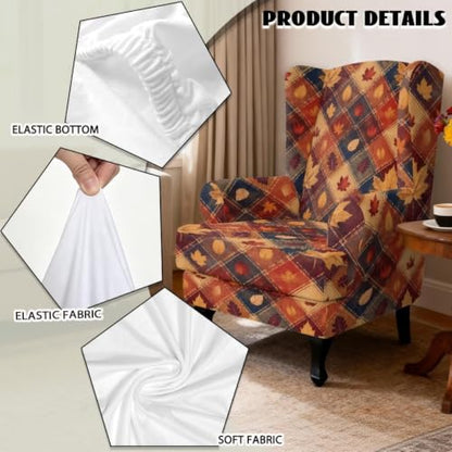 Fall Plaid Maple Leaves Wing Chair Cover 2-Piece Non-Slip Protector