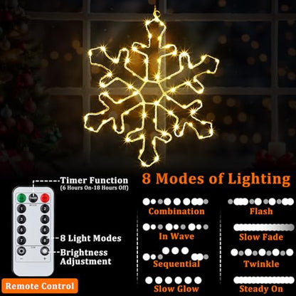 Glooglitter 6 Pack 13-Inch Christmas Snowflake Window Lights - Warm White, USB Powered, 8 Modes