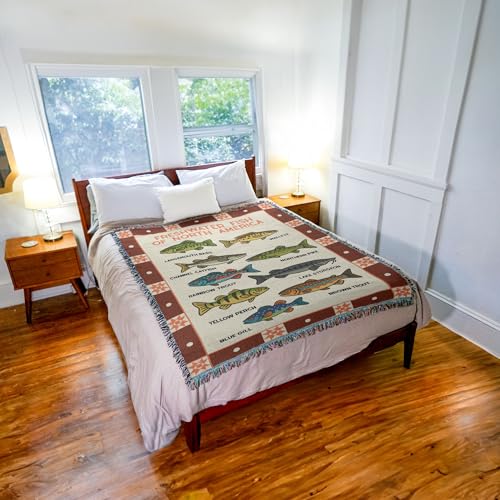 North America Fish Tapestry Throw Blanket - Cotton Woven Cabin Decor 72x54