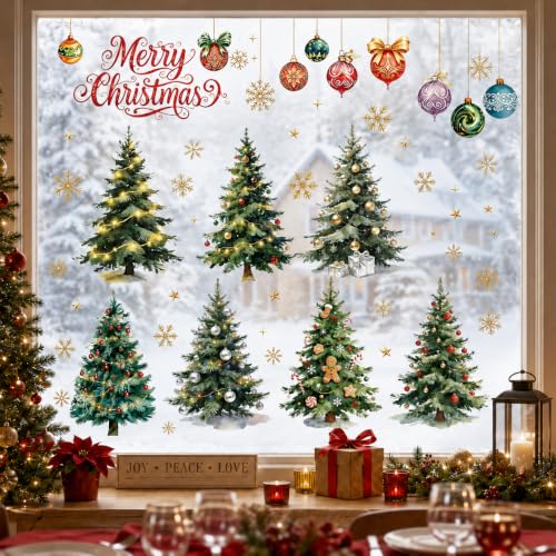 Large Christmas Window Clings - Watercolor Retro Holiday Tree Decor 35.4"