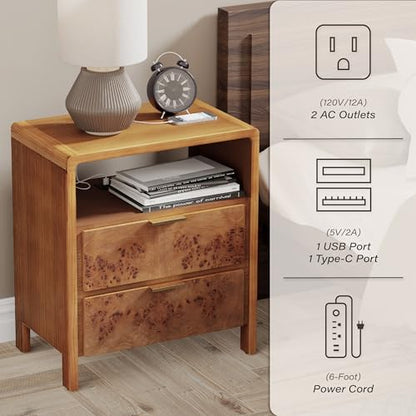Burl Finish Nightstand with USB-C & 2 AC Outlets, 2-Drawer Bedside Table - Brown