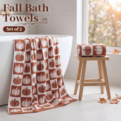 Fall Bath Towels Set of 2 - Checkered & Pumpkin Cotton 27.5 x 55 Inches - Pumpkin Variation