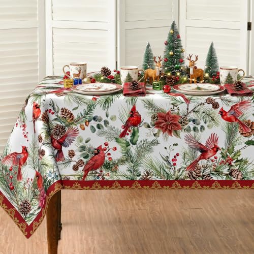 Christmas Tablecloth 60x60 Inch Water Resistant Square Cover - Red Cardinal & Holly