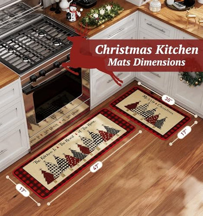 Christmas Kitchen Mat Set of 2 - Non Slip Holiday Rug with Christmas Tree Design, Red - 17x29 & 17x47 Inches