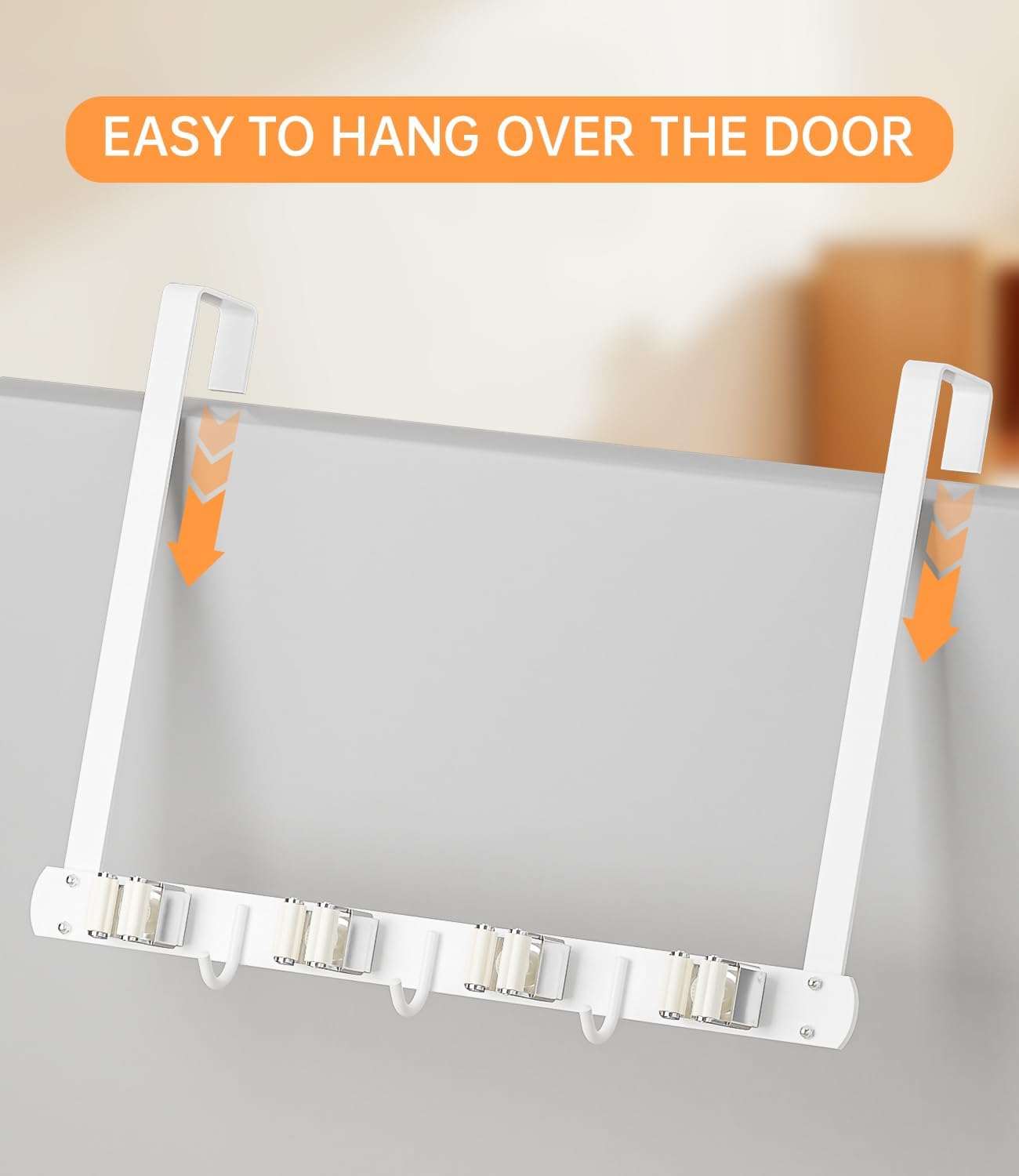 Skiennix Broom Holder - Wall-Mounted 304 Stainless Steel Organizer with Hooks | Over The Door, White