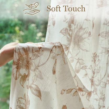 Taupe Vintage Floral Linen Curtains - 52W x 84L Inches, Pack of 2, Semi Sheer