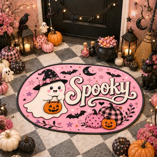 Nakupenda Halloween Ghost Bath Mat Pink Spooky Rug with Cute Ghost & Pumpkins