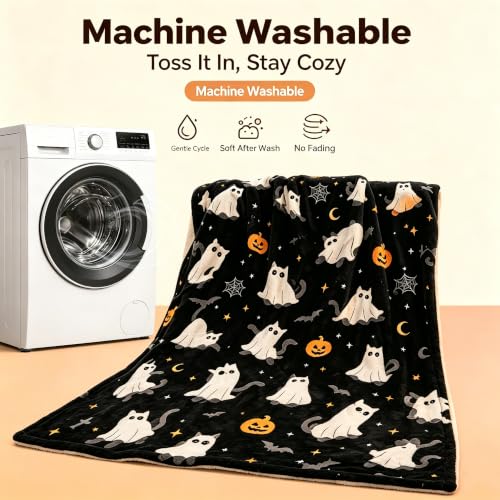 Halloween Throw Blanket Grid Pumpkin Cat Bat Ghost Flannel Design09 - Cozy Festive Home Decor Gift