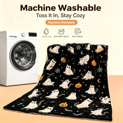 Halloween Throw Blanket Grid Pumpkin Cat Bat Ghost Flannel Design09 - Cozy Festive Home Decor Gift