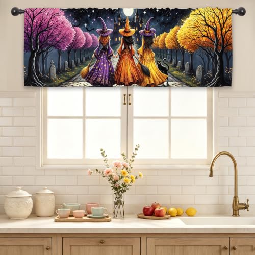 Halloween Witch Kitchen Curtain Valance 54W x 18L Inch - Pink Yellow Variation