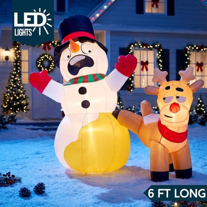 6 FT Christmas Inflatable Reindeer Peeing on Snowman with LED Lights Outdoor Decor