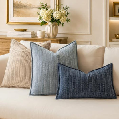 Dark Blue Textured Throw Pillow Covers 20x20 Set of 2 - Chenille Decorative Cushion Covers for Couch Sofa Bed Living Room
