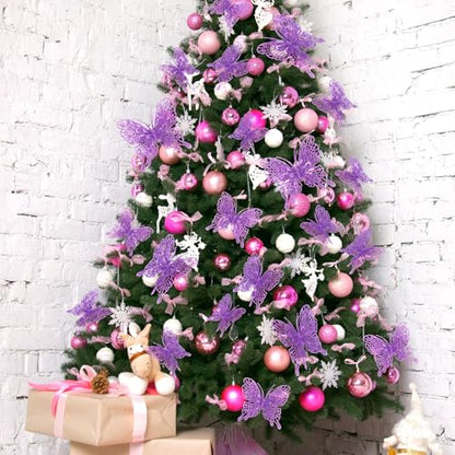 Purple Butterfly Christmas Tree Ornaments Set - 24 Glitter Holiday Decor
